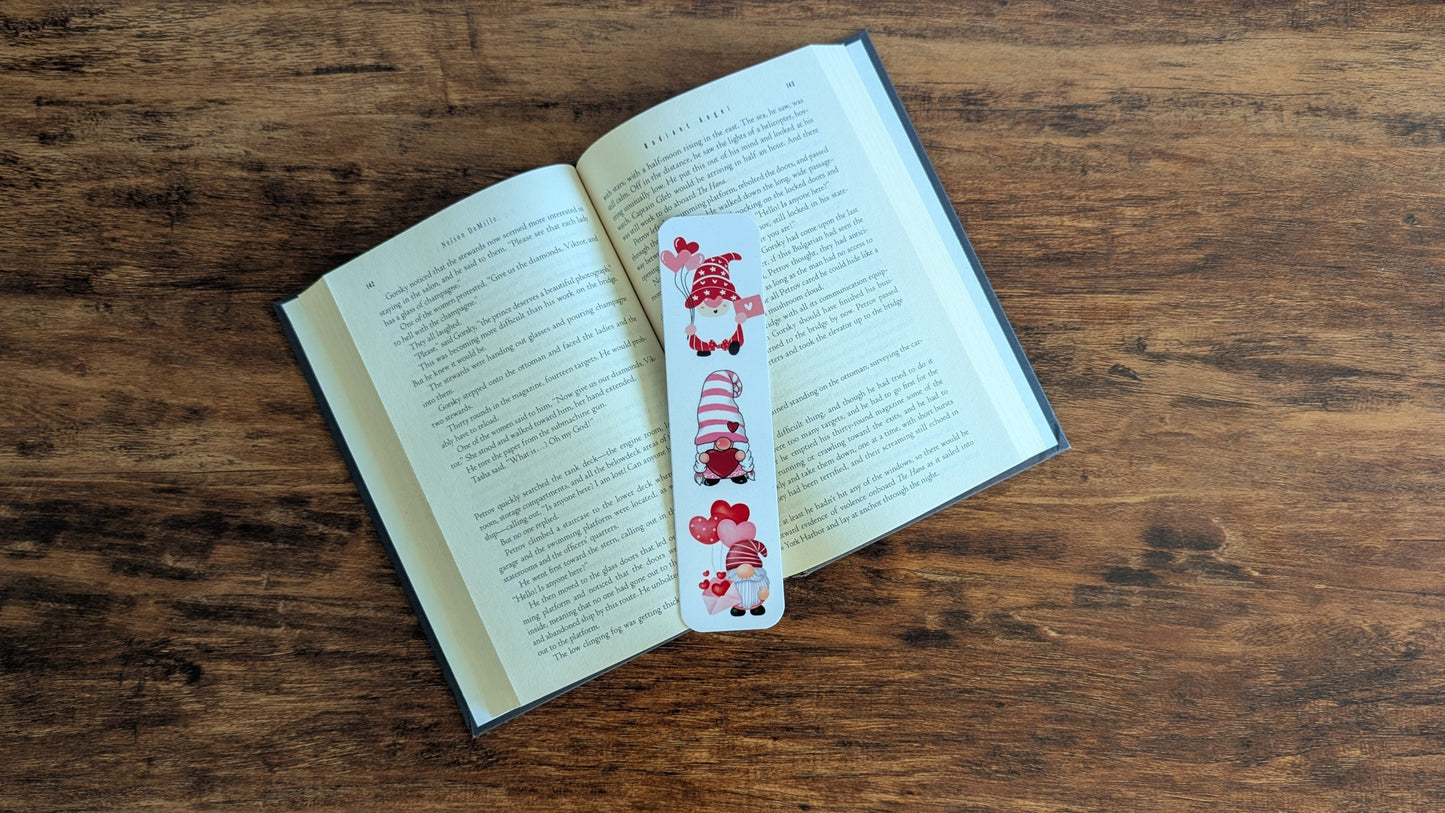 white bookmark with cute valentine's gnomes
