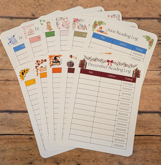 Twelve Month Set of Analog Book Log Sheets